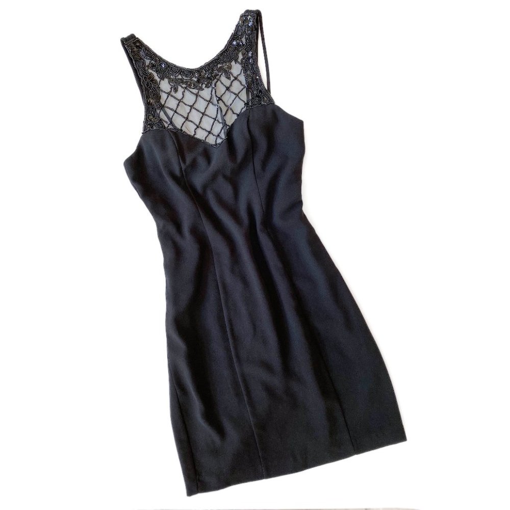 Vintage Black Pencil Dress w/ Sheer Beaded Mesh Neckline
